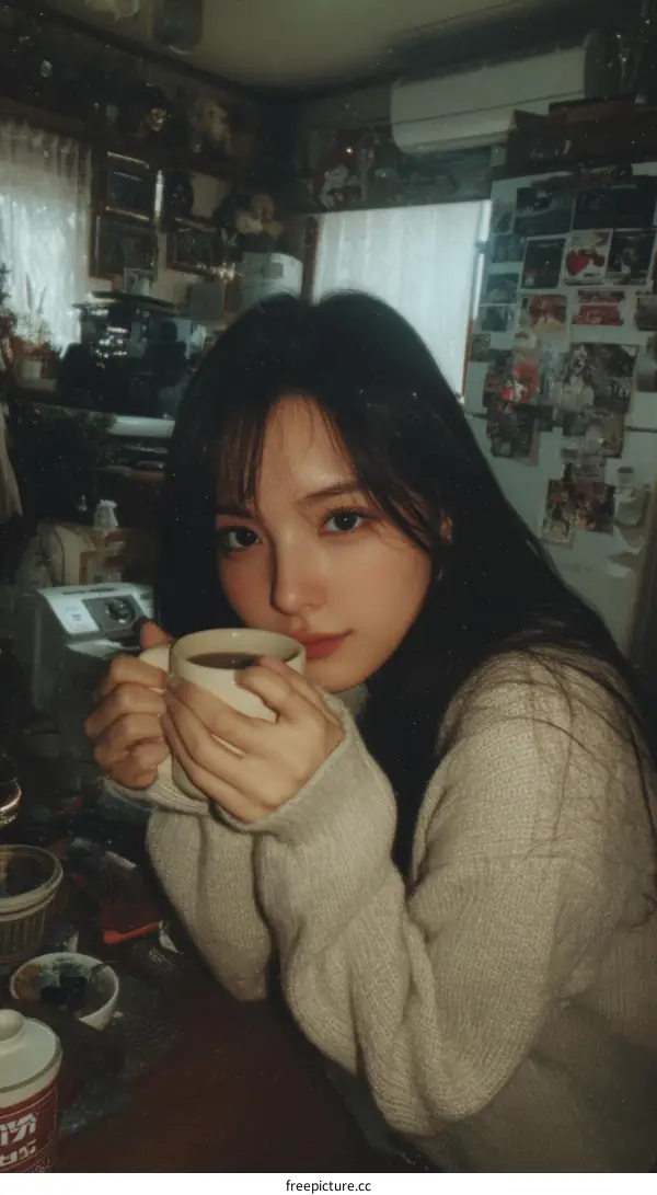 Young Asian Woman Enjoying Warm Drink in Cozy Home