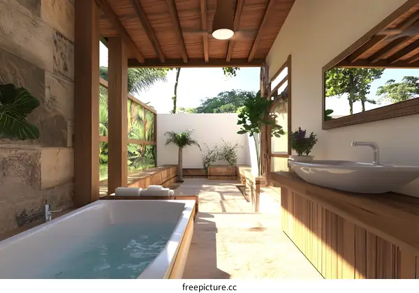 Modern Bathroom Design with Wooden Ceiling and Tropical Plants