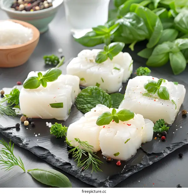 Fresh cod fillets seasoned with herbs and spices