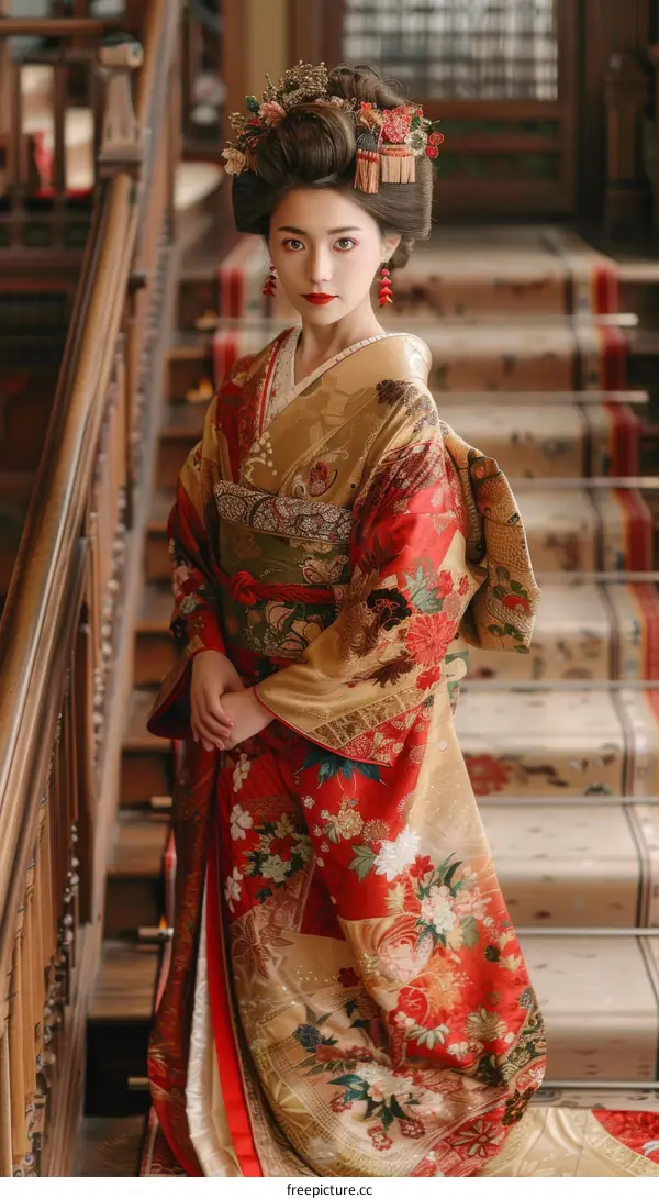 A woman wearing a kimono is standing on a wooden staircase.
