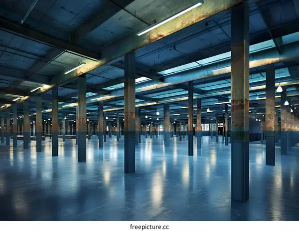 Industrial Building Interior Design With Columns And Lights