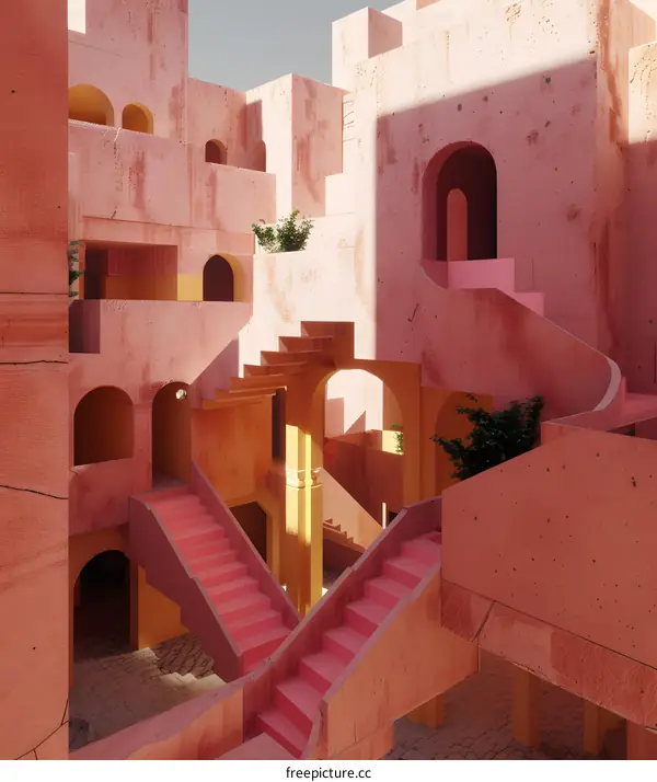 Abstract Architecture With Pink Walls And Staircases