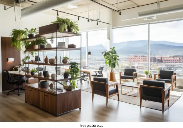 Modern office interior with large windows, plants, and a sitting area