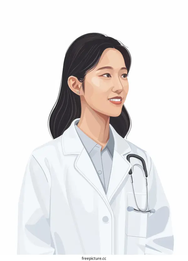 A young Asian female doctor wearing a lab coat and stethoscope