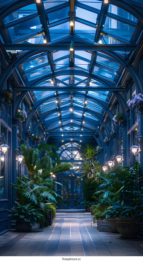 Blue Arched Glass Ceiling with Plants