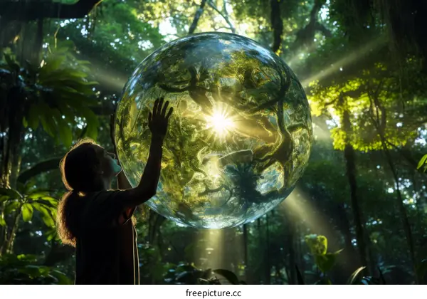 Girl Touching a Nature Sphere in a Lush Jungle