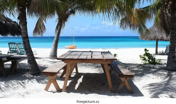 Tropical Beach Picnic Table with Palm Trees
