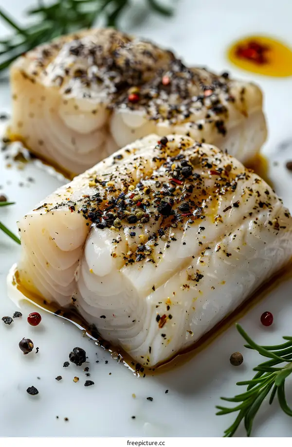 Two pieces of raw white fish seasoned with black peppercorns and garnished with fresh rosemary