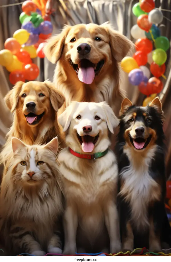 A Group of Happy Animals Including Dogs and a Cat