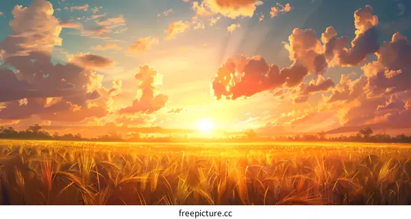 The golden wheat field shines under the sunset