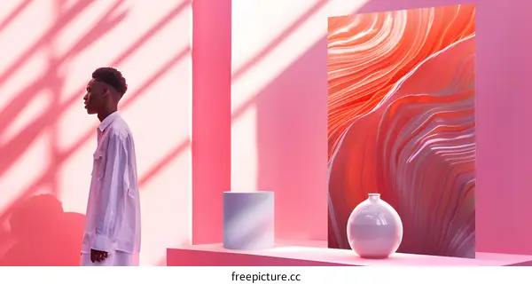 Black Man Posing in a Minimalist Studio Setting with Pink Walls and Abstract Artwork