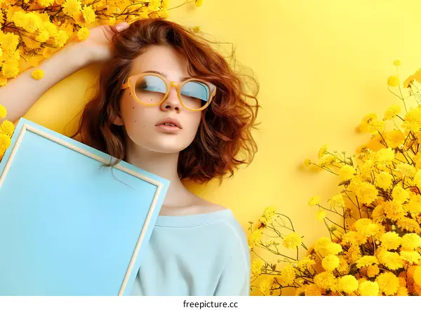 Young Woman With Curly Red Hair Holding Blue Frame  Surrounded by Yellow Flowers