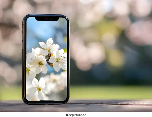 Smartphone with Spring Blossom Image on Screen