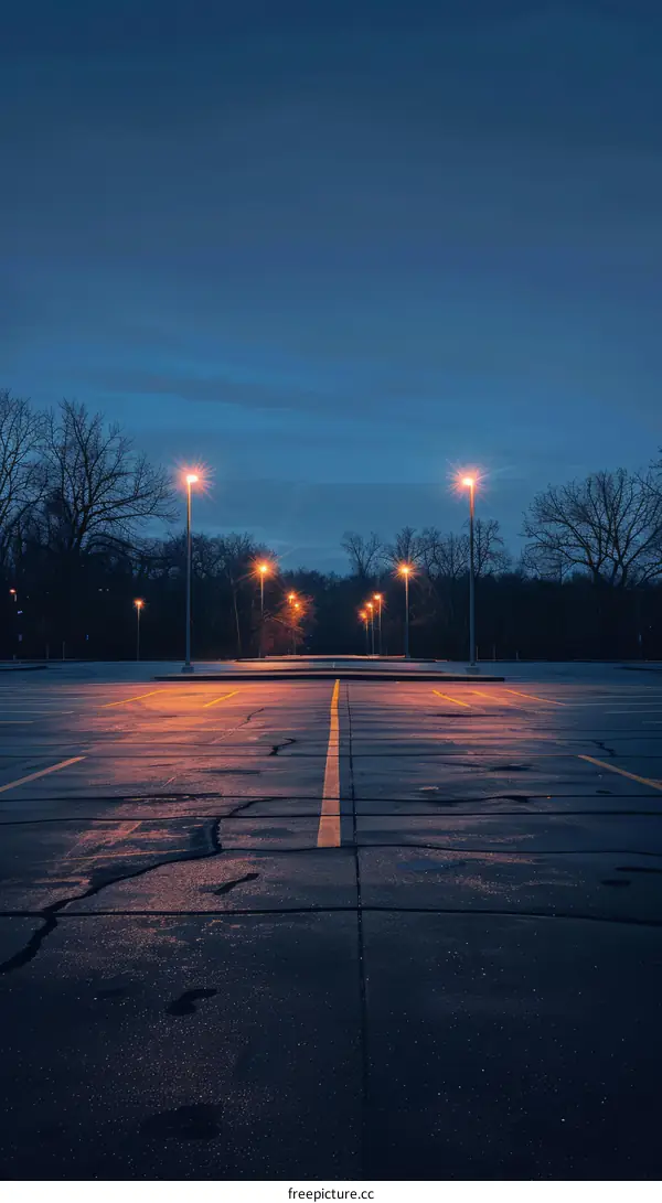Empty Parking Lot at Night with Streetlights
