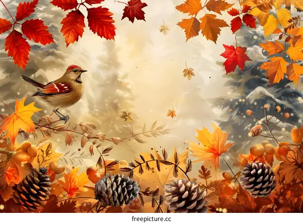 Autumn Forest with Bird and Falling Leaves