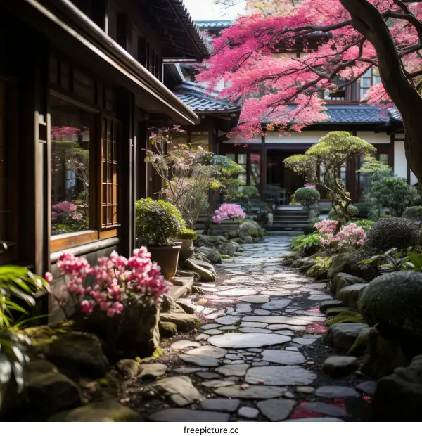 Japanese garden with pink azalea bushes and stone path