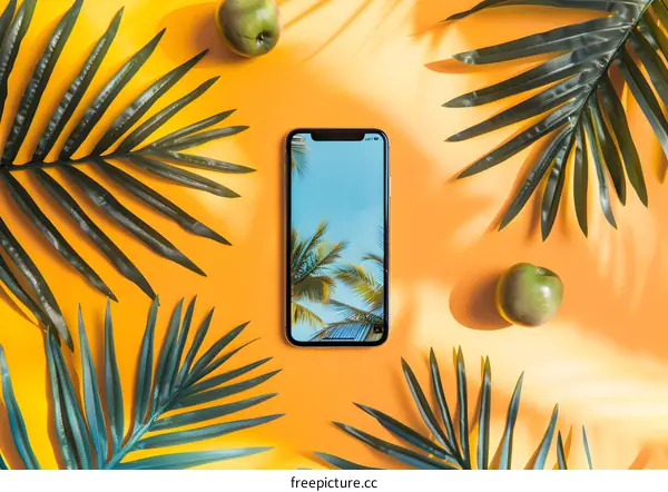 Summer Phone Mockup with Tropical Leaves and Apples