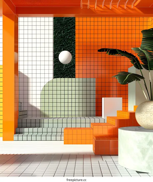 Abstract Minimalist Geometric Interior Design With Orange Green And White Tiles