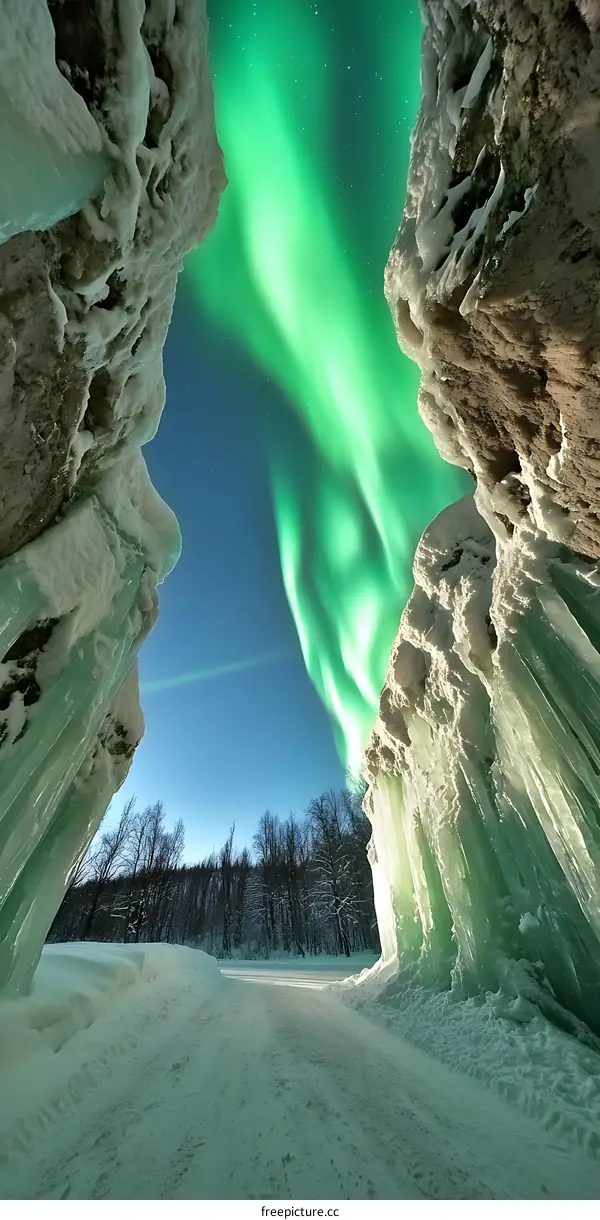 Aurora Borealis Displayed Through Frozen Ice Formations