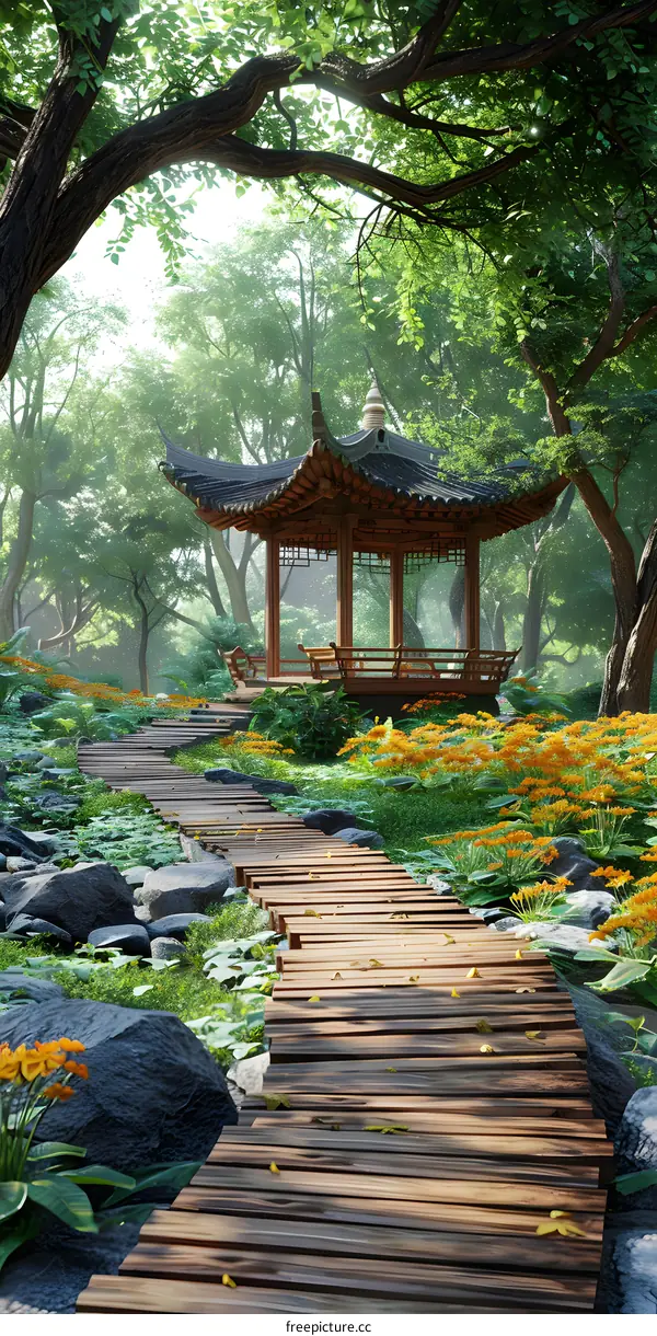 Wooden Path Through Lush Forest With Chinese Pagoda