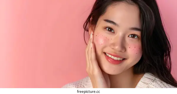 Smiling Asian Woman with Freckles on Pink Background