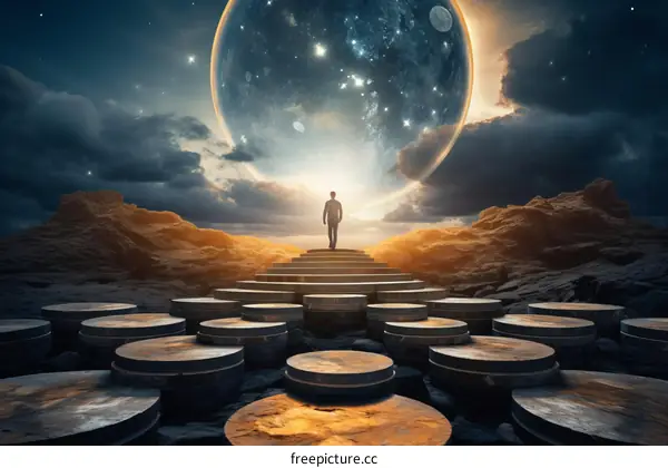 Astronaut on barren planet under distant moon