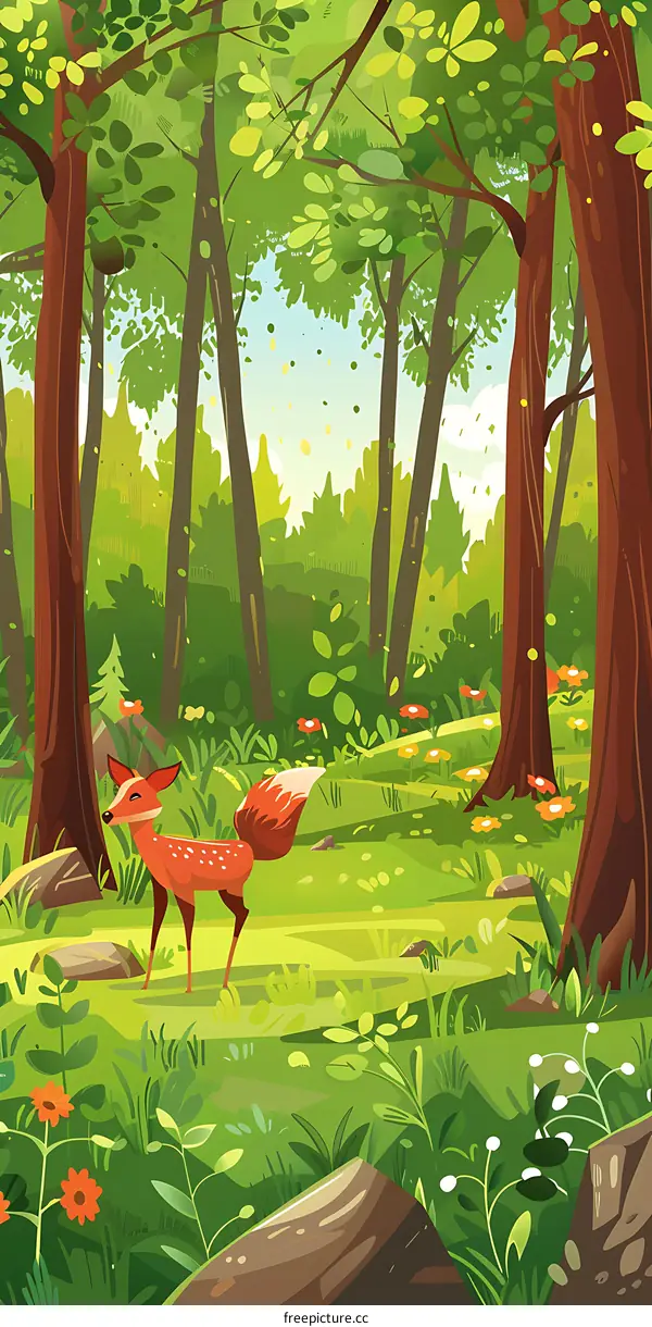 Cute Cartoon Deer In Green Forest
