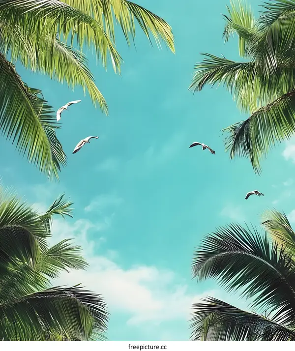Tropical Palm Trees and Birds Flying in Blue Sky