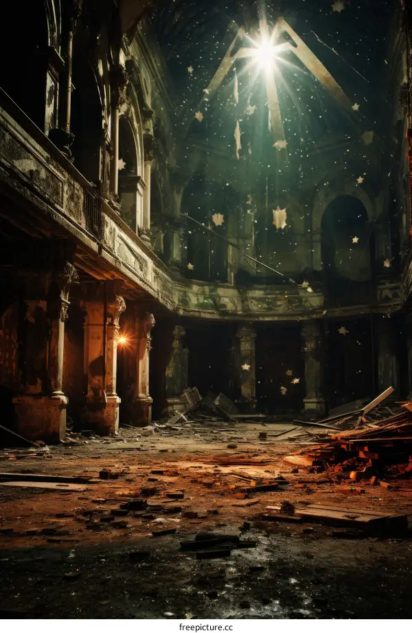 Ruined church interior with starry night sky