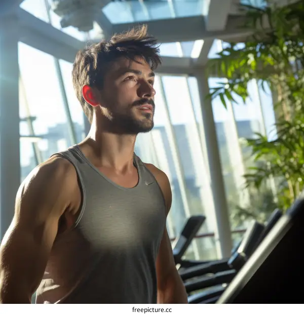 Handsome young man working out on a treadmill in a modern gym