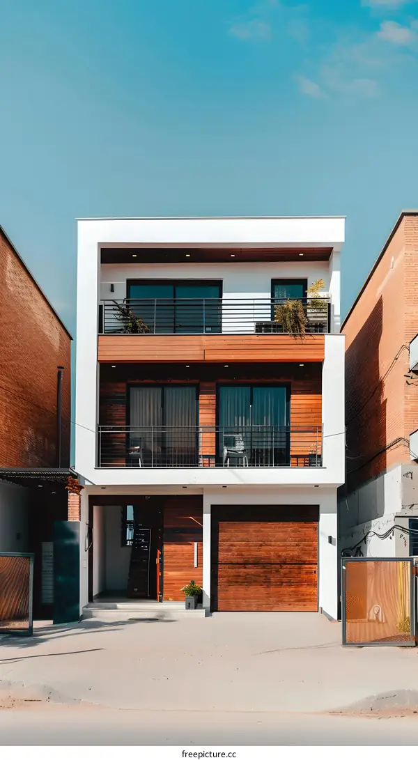 Modern White and Wood Facade House with Two Balconies