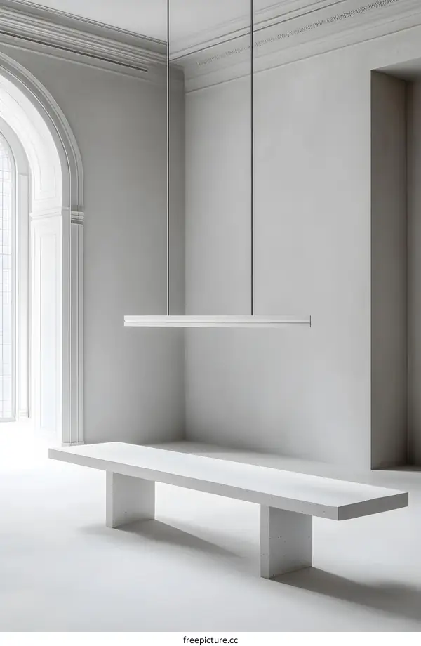 Minimalist Interior Design with Concrete Bench and White Walls