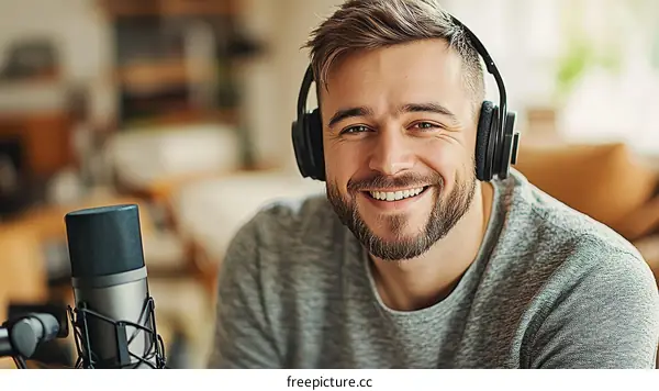 Smiling Man with Headphones and Microphone