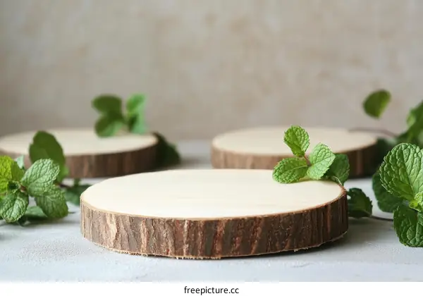 Natural Wooden Slice Display with Fresh Mint