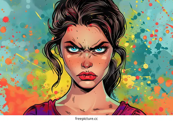 Angry Woman with Colorful Splashes Background