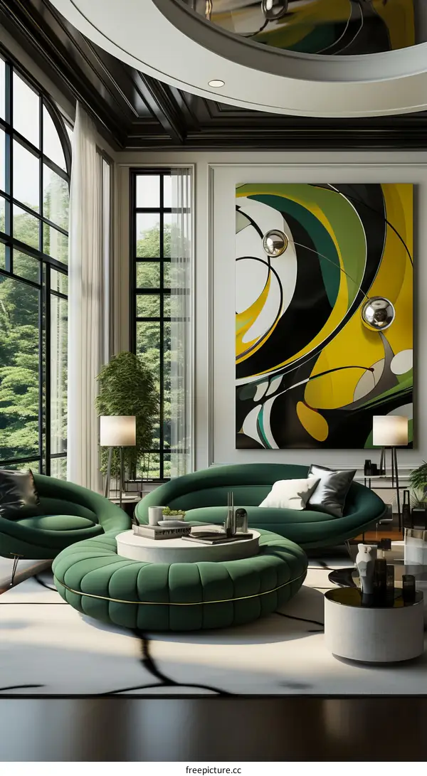 Stylish living room with green sofa and abstract painting