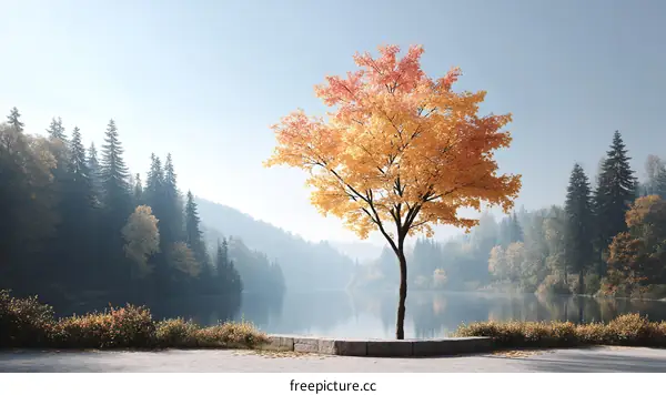 Autumnal Lake Scenery with a Solitary Tree