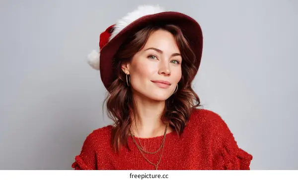 A young woman wearing a red sweater and Santa hat