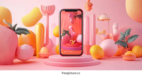Pink and Yellow 3D Abstract Illustration with Smartphone