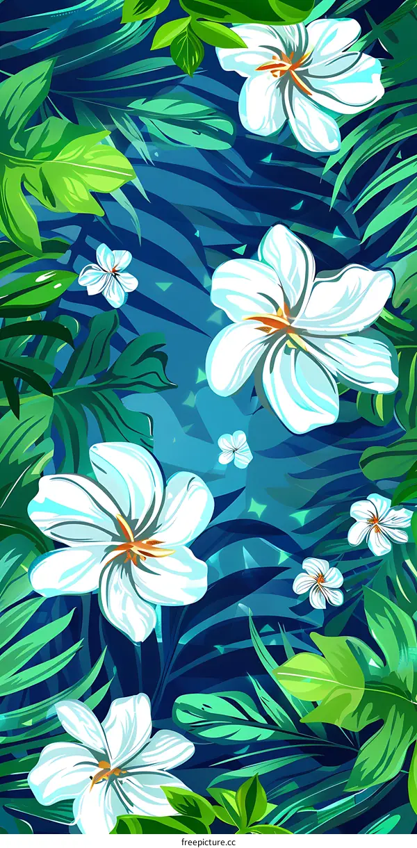 White Flowers and Green Leaves Tropical Illustration