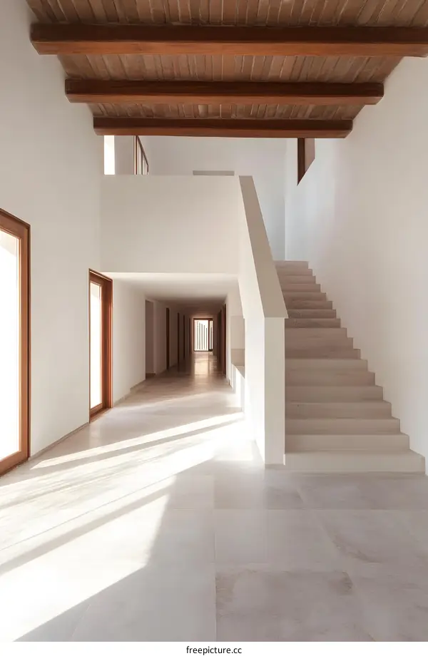 Modern White Interior Hallway with Wooden Beam Ceiling