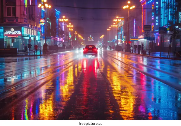 City street with colorful lights reflecting off wet pavement at night