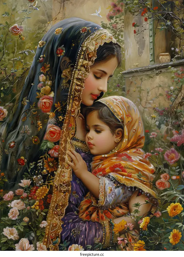 An Indian mother and her child in a garden