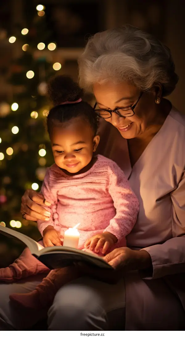 Grandmother reading to her granddaughter by candlelight on Christmas Eve