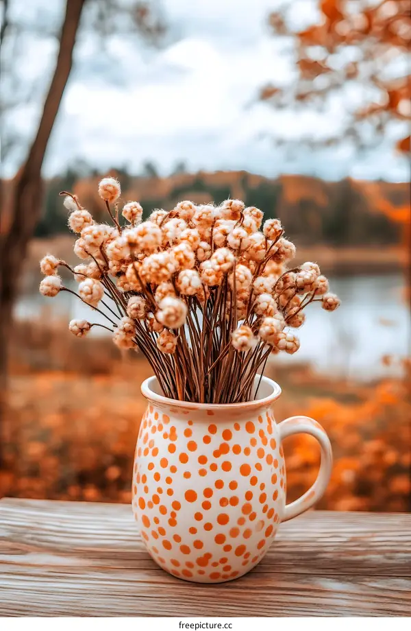 Dried Flowers in Polka Dot Mug on Wooden Table in Autumn
