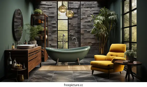 Luxury Bathroom with Green Bathtub and Yellow Chair