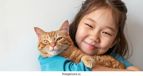 A young girl hugging an orange cat