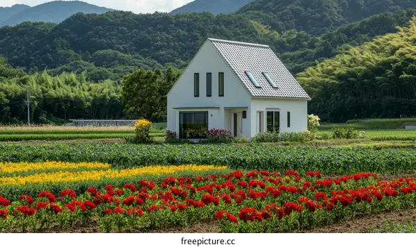 Countryside Farmhouse Amidst Colorful Flowers