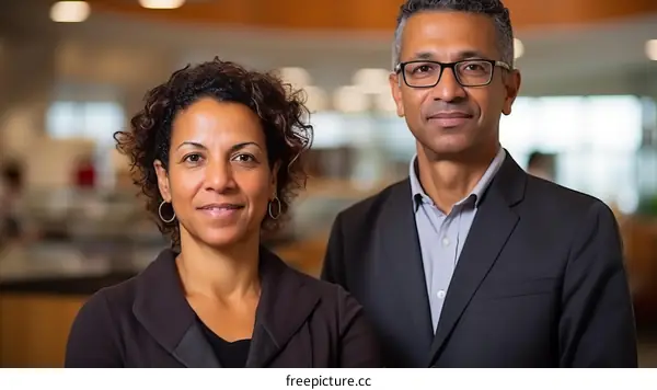 Portrait of two business professionals, a man and a woman, smiling at the camera.