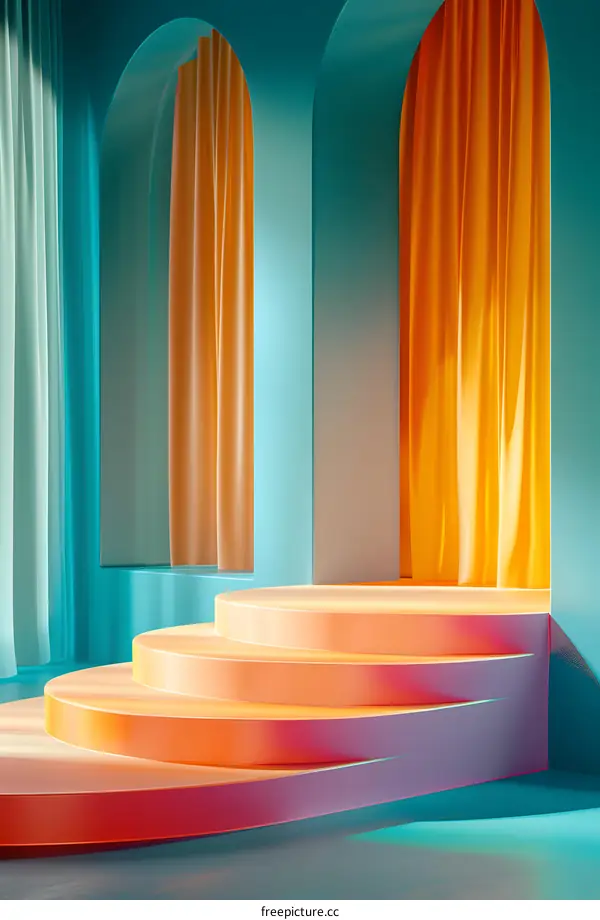 3D rendering of an empty room with a stage and yellow curtains